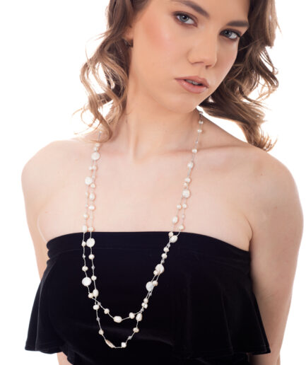 White Crystal Glass and Freshwater Pearls Necklace